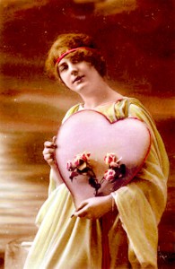 A 1920s woman holding a big pink heart and roses