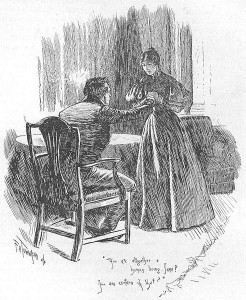 Etching of Jane Eyre and Mr. Rochester reconciled at the end of the novel.